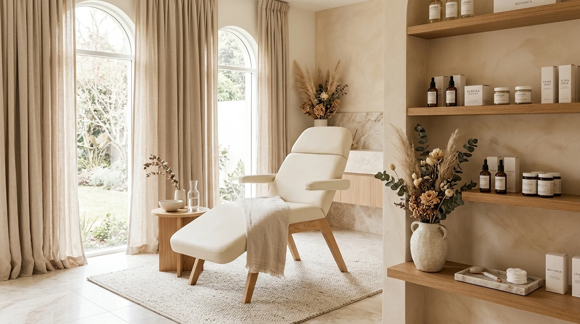 Wnętrze salonu Natural Beauty Studio w Pile — ciepły beż, fotel zabiegowy i naturalne światło